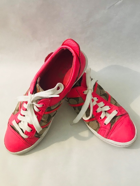 Coach Shoes - Coach Alivia Signature Logo Canvas Tennis Shoes Sneakers Hot Pink Leather Trim